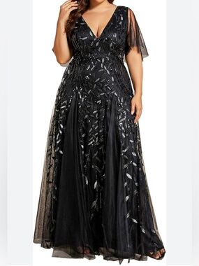 Ever Pretty Black Maxi Evening Gown with Silver Leaf Embellishment